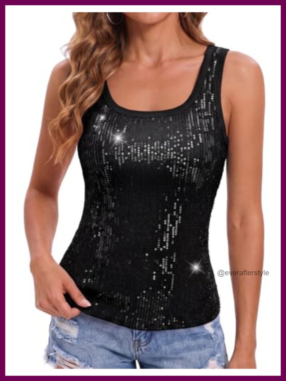 Sequin Tank Top Square Neck Glitter Party Going Out Top Fitted